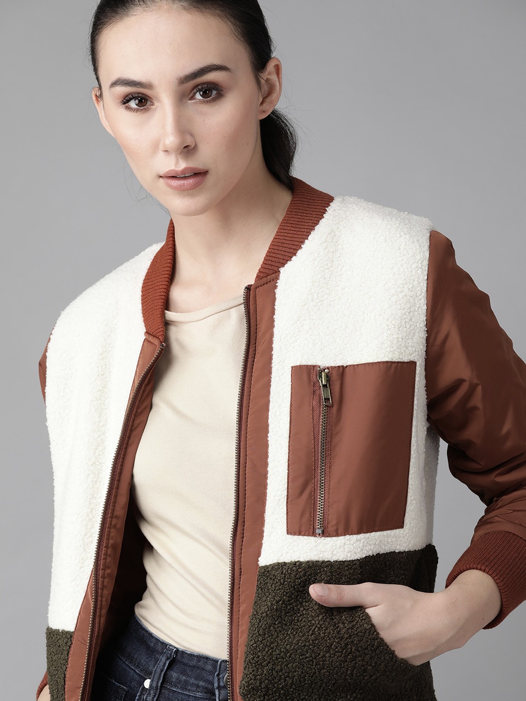 

Roadster Women Brown & White Colourblocked Sherpa Bomber Jacket