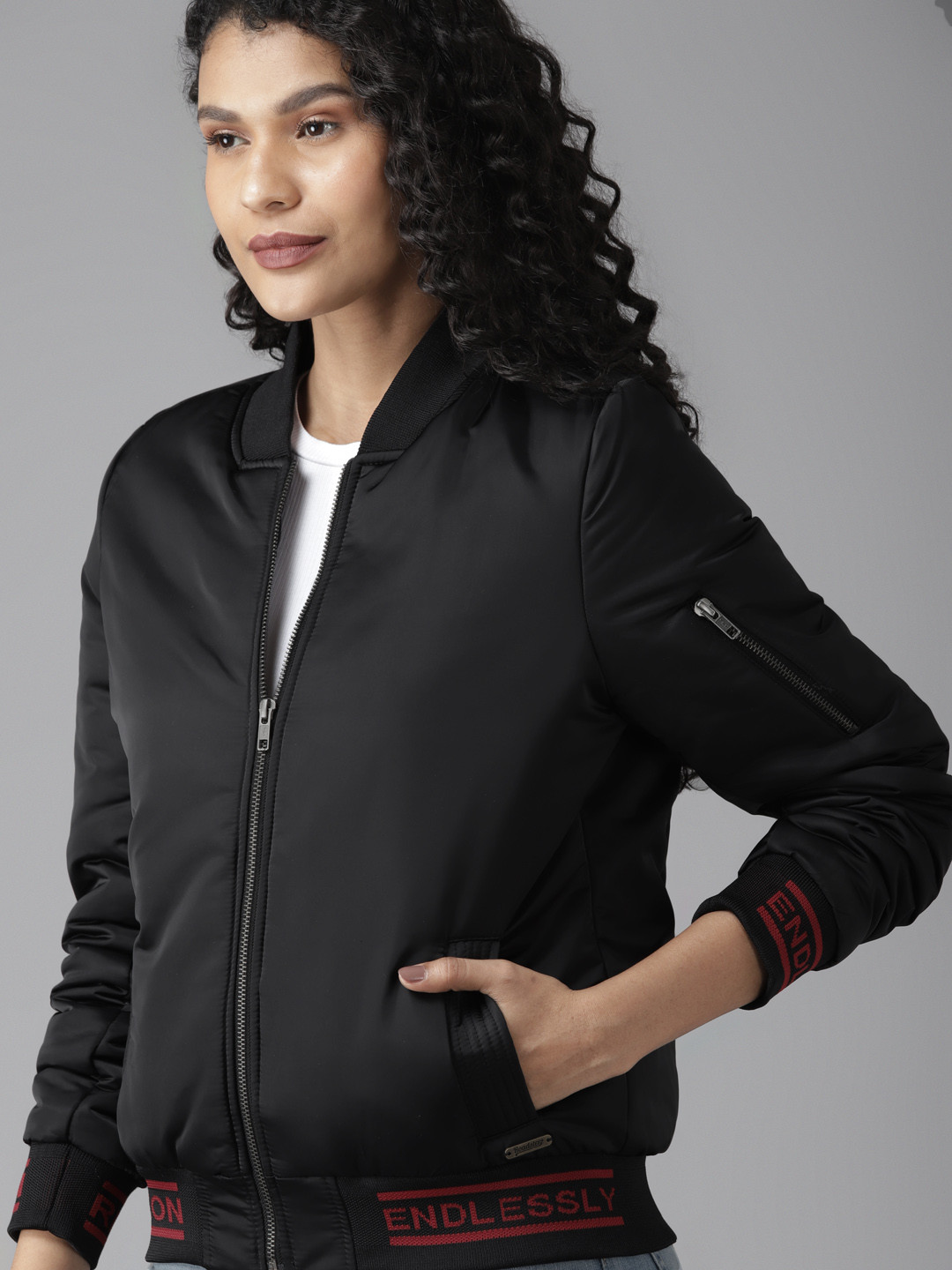 

Roadster Women Black Solid Bomber Jacket