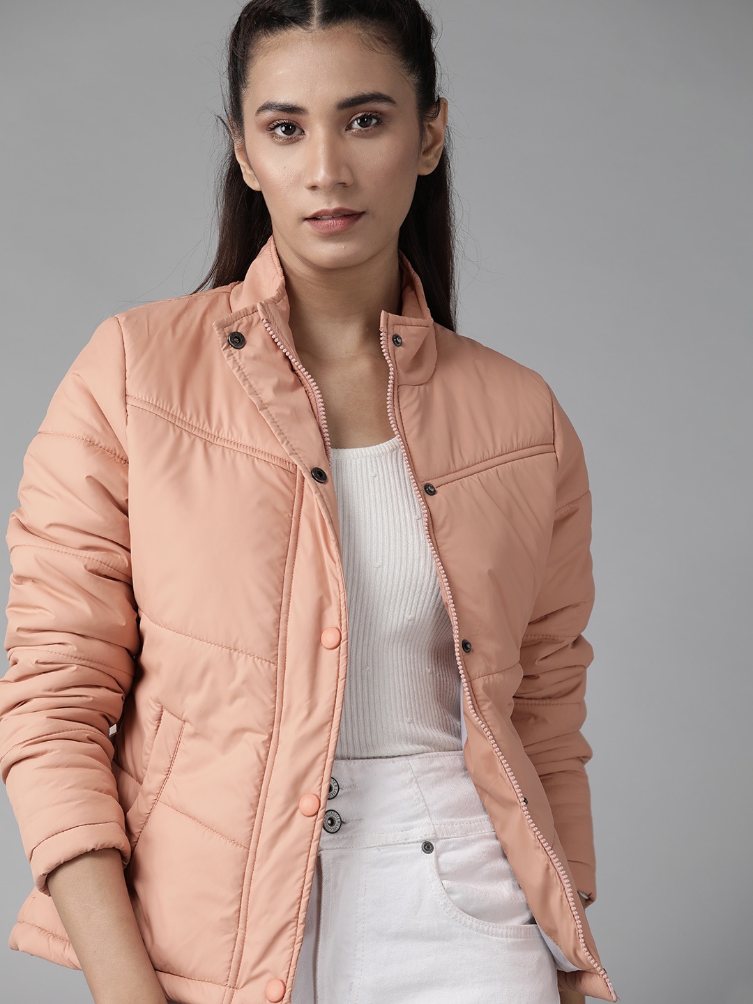 

Roadster Women Peach-Coloured Solid Padded Jacket