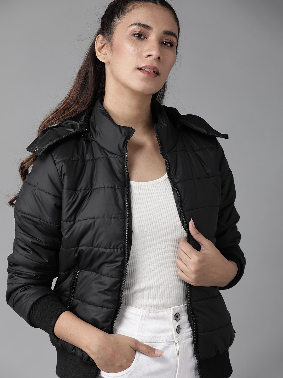 

Roadster Women Black Solid Hooded Bomber Jacket