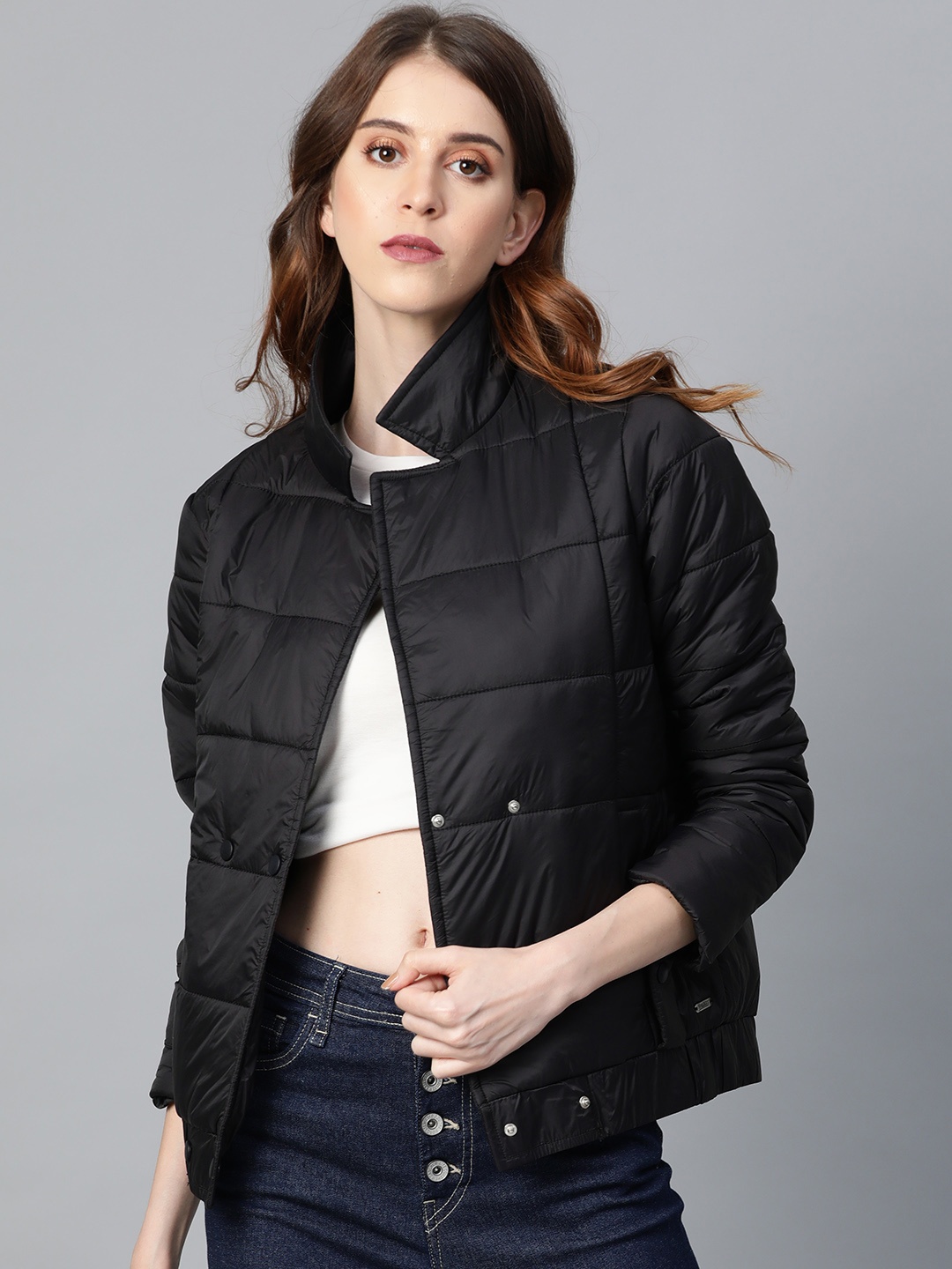 

Roadster Women Black Solid Padded Jacket