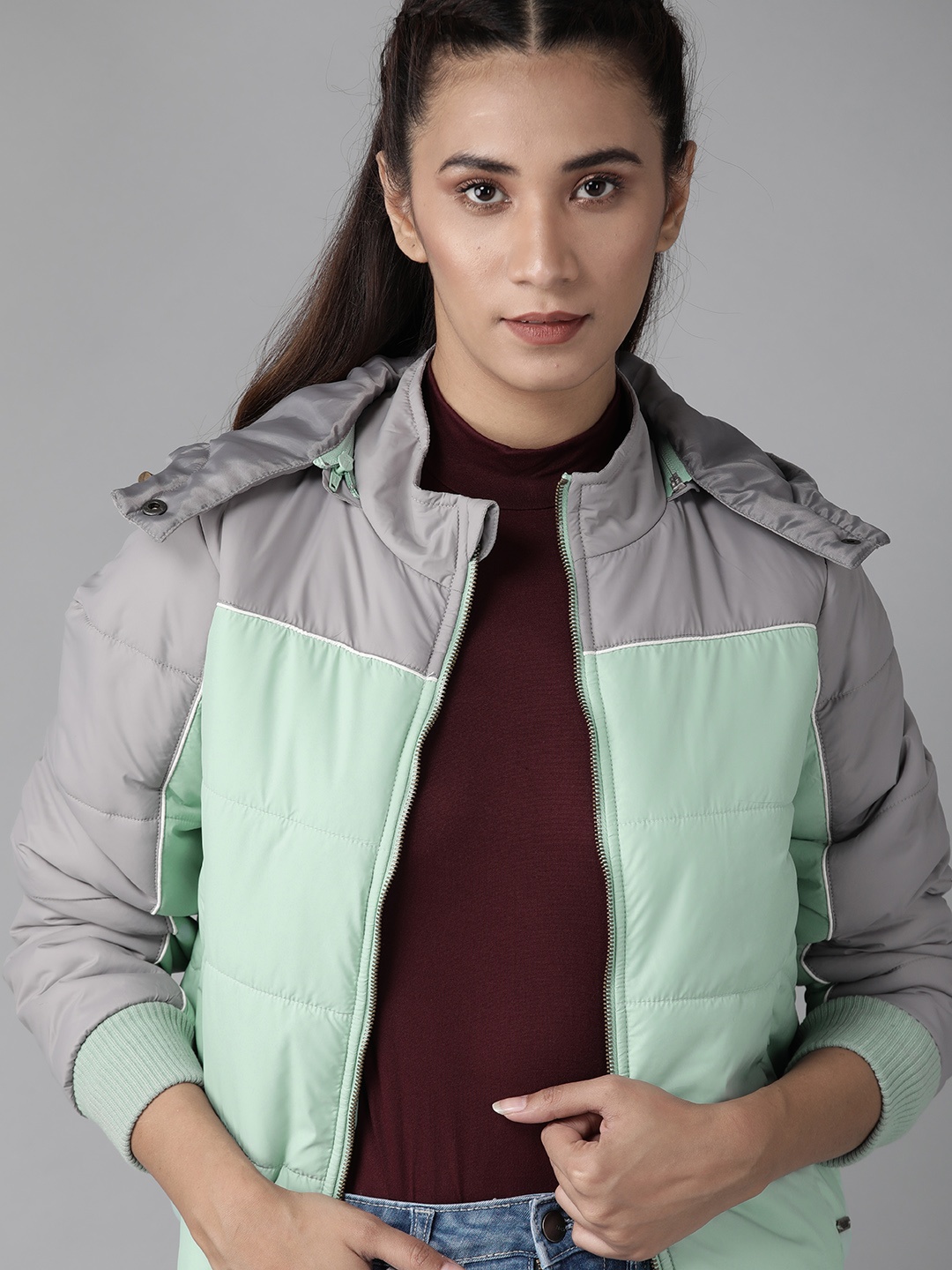 

Roadster Women Grey & Green Colourblocked Bomber