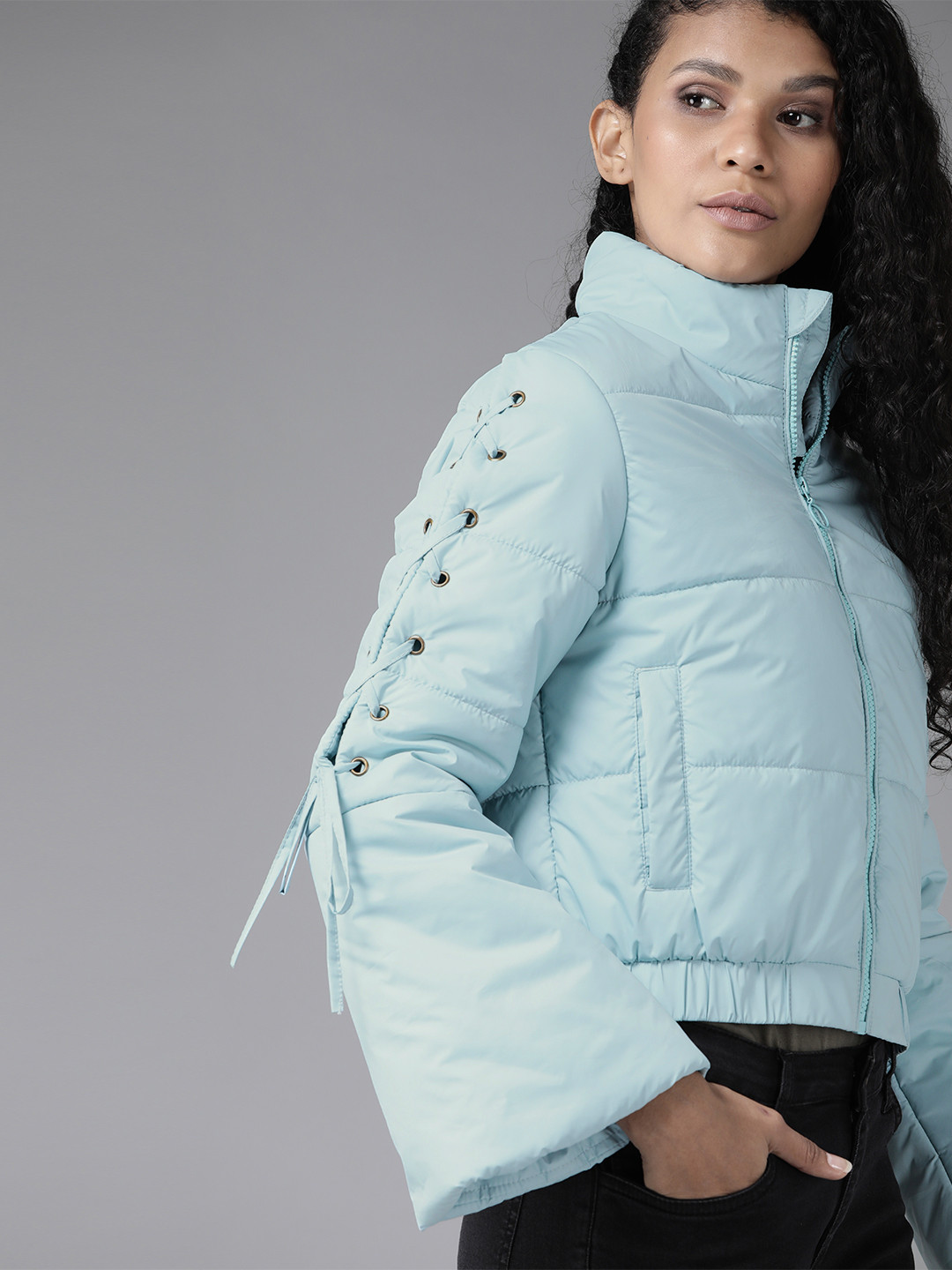 

Roadster Women Blue Flared Sleeved Puffer Jacket