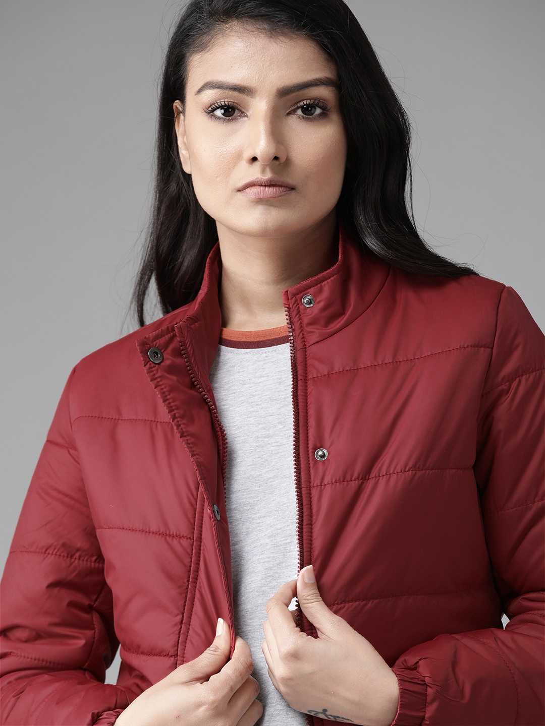 

Roadster Women Maroon Solid Padded Jacket