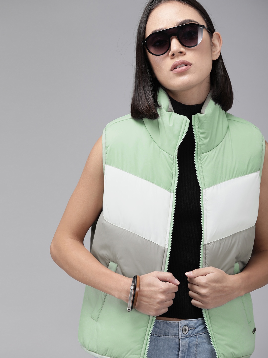 

Roadster Women Green & White Colourblocked Padded Jacket