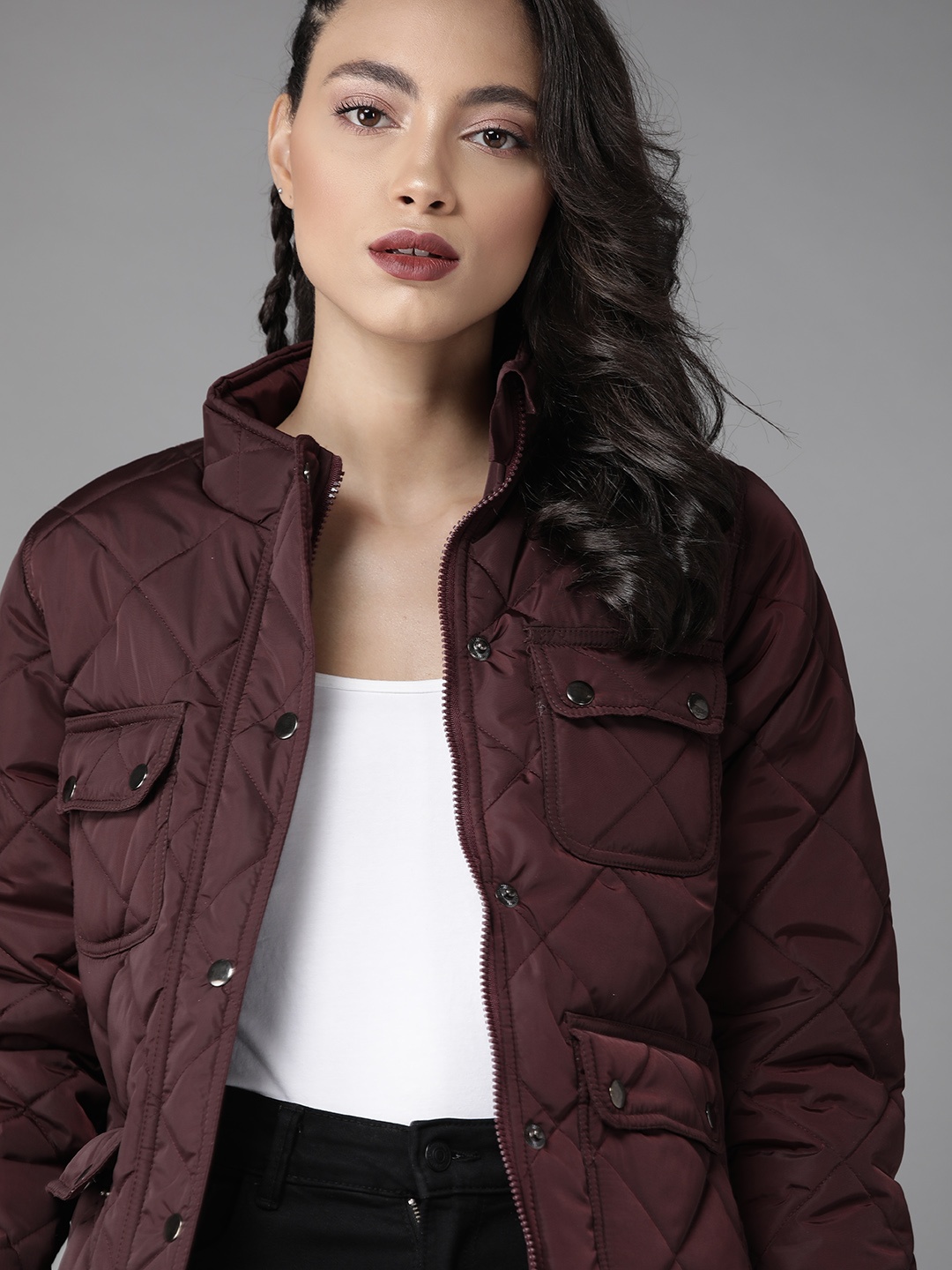 

Roadster Women Burgundy Solid Quilted Jacket