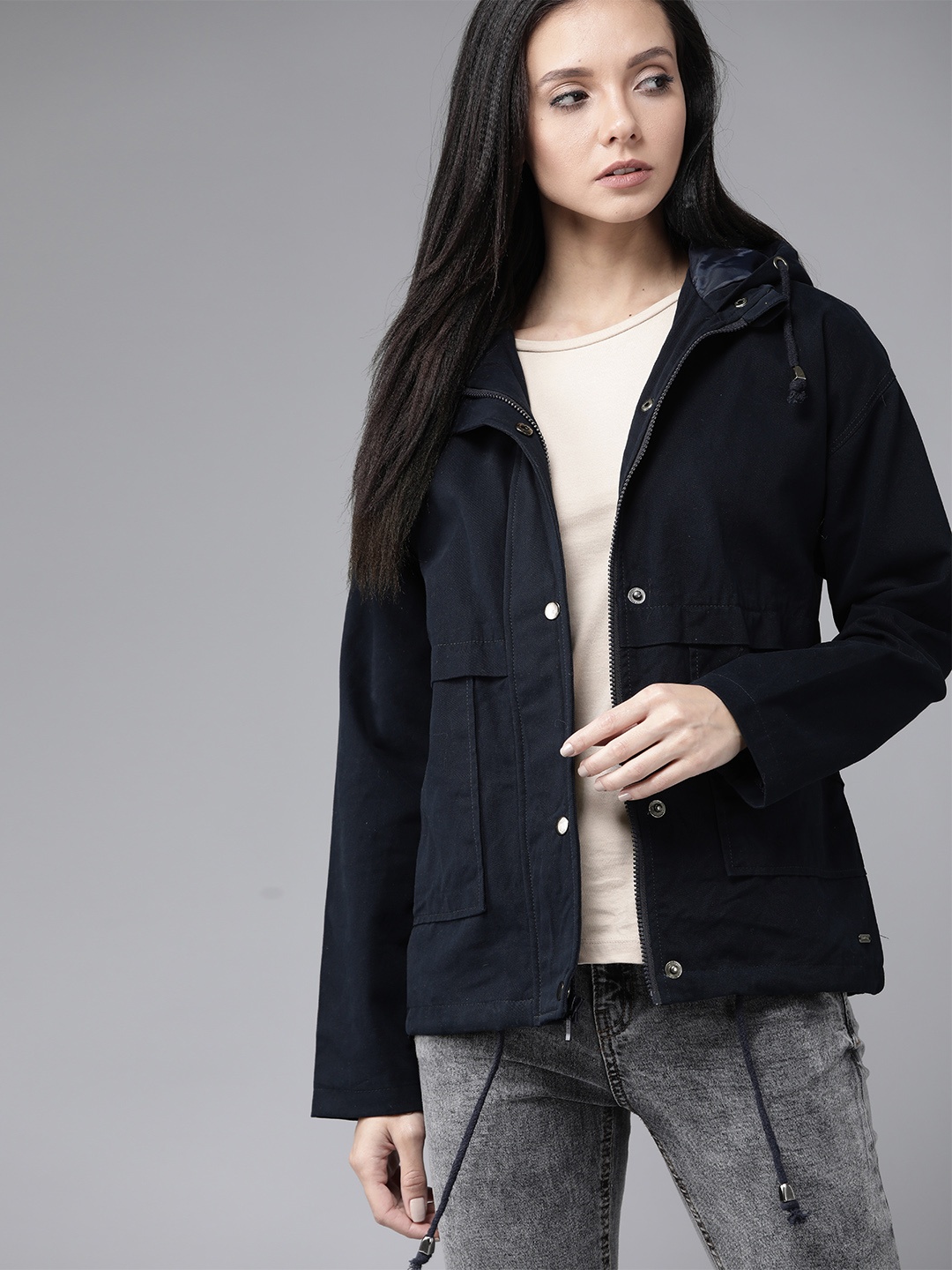 

Roadster Women Navy Blue Solid Hooded Jacket