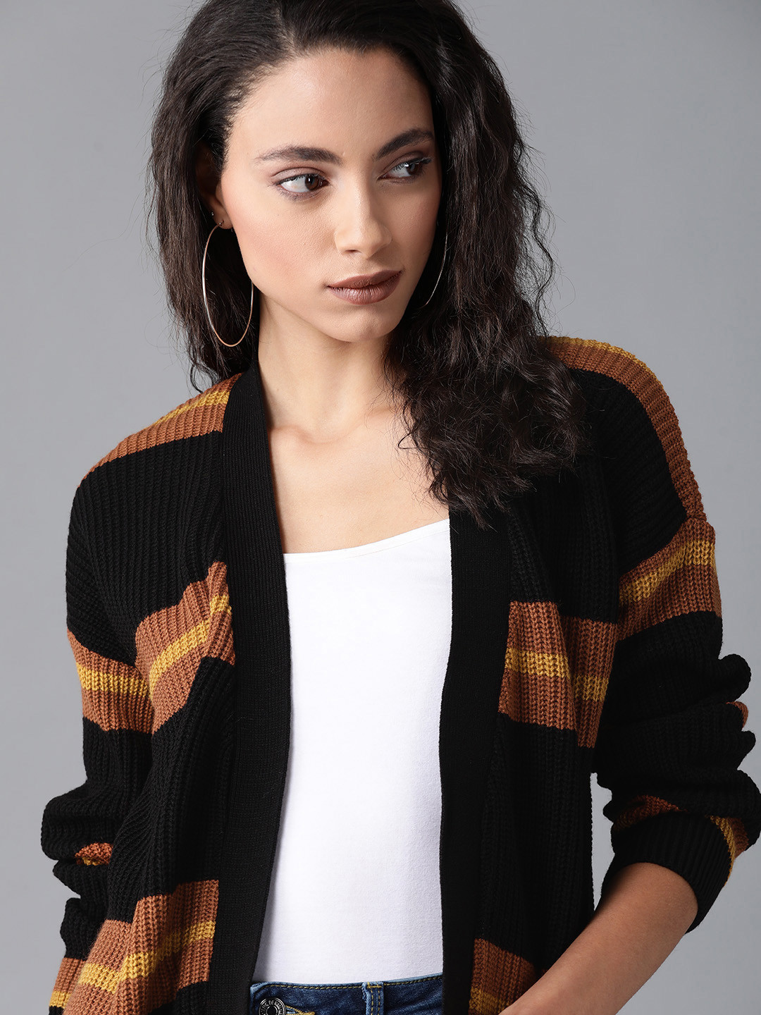 

Roadster Women Black & Brown Striped Front-Open Sweater