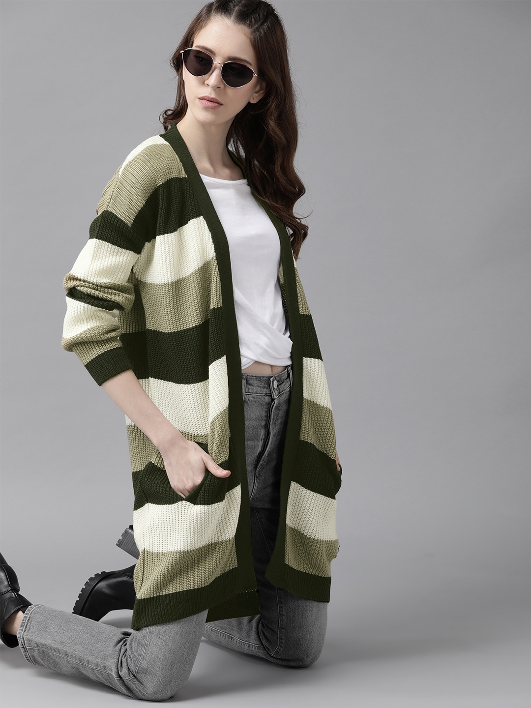 

Roadster Women Olive Green & White Striped Longline Front-Open Sweater