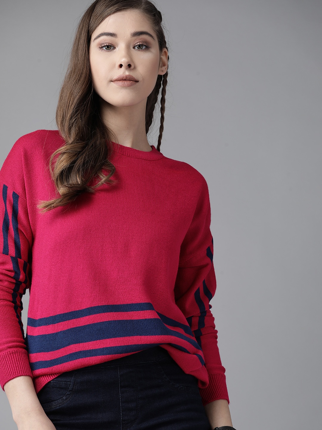 

Roadster Women Magenta & Navy Blue Striped Detail Pullover Sweater