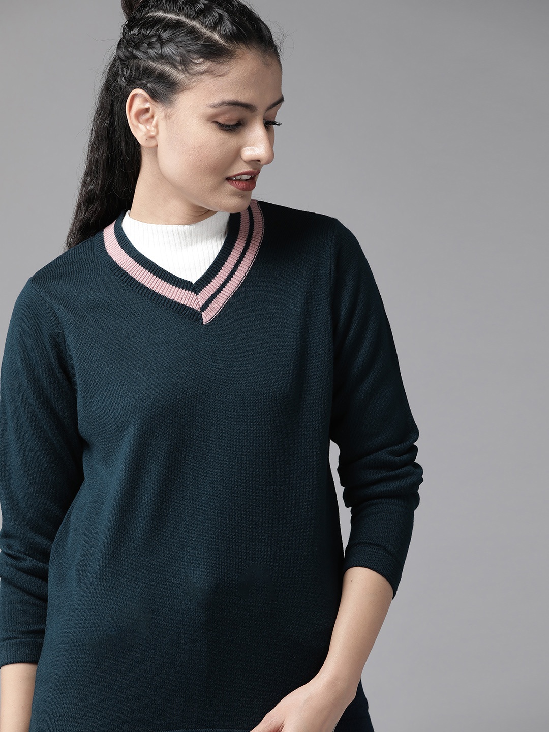 

Roadster Women Navy Blue Solid Pullover Sweater
