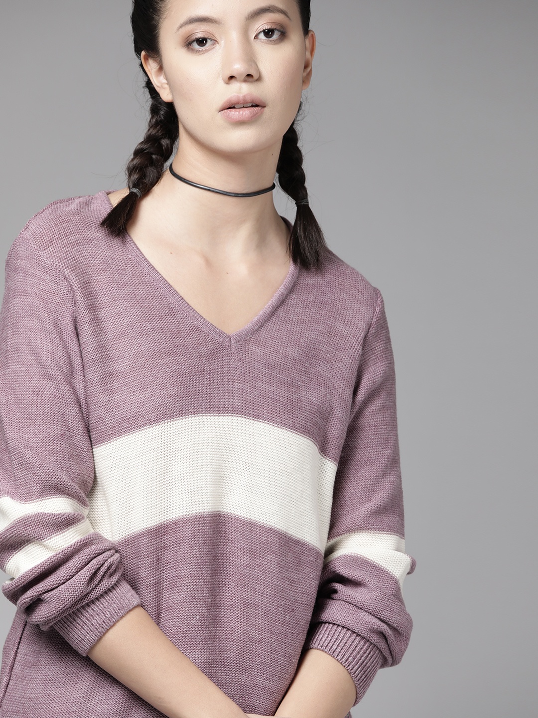 

Roadster Women Purple and Off-White Colourblocked Pullover Sweater