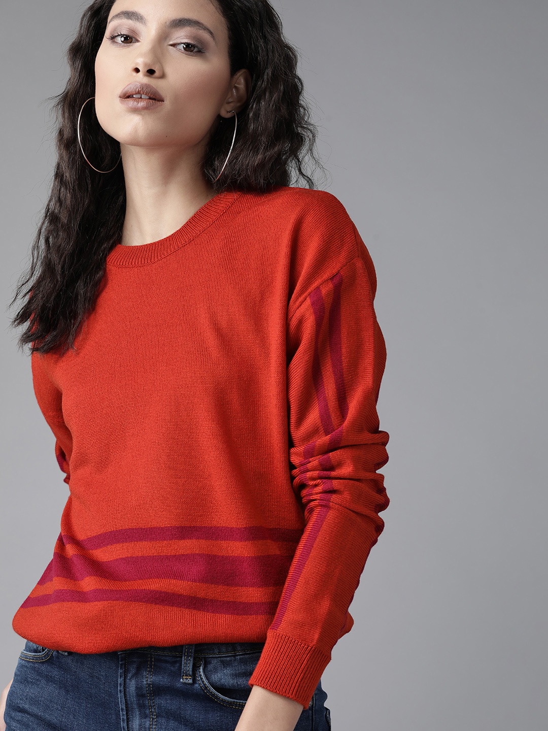 

Roadster Women Rust Orange & Magenta Striped Detail Pullover Sweater