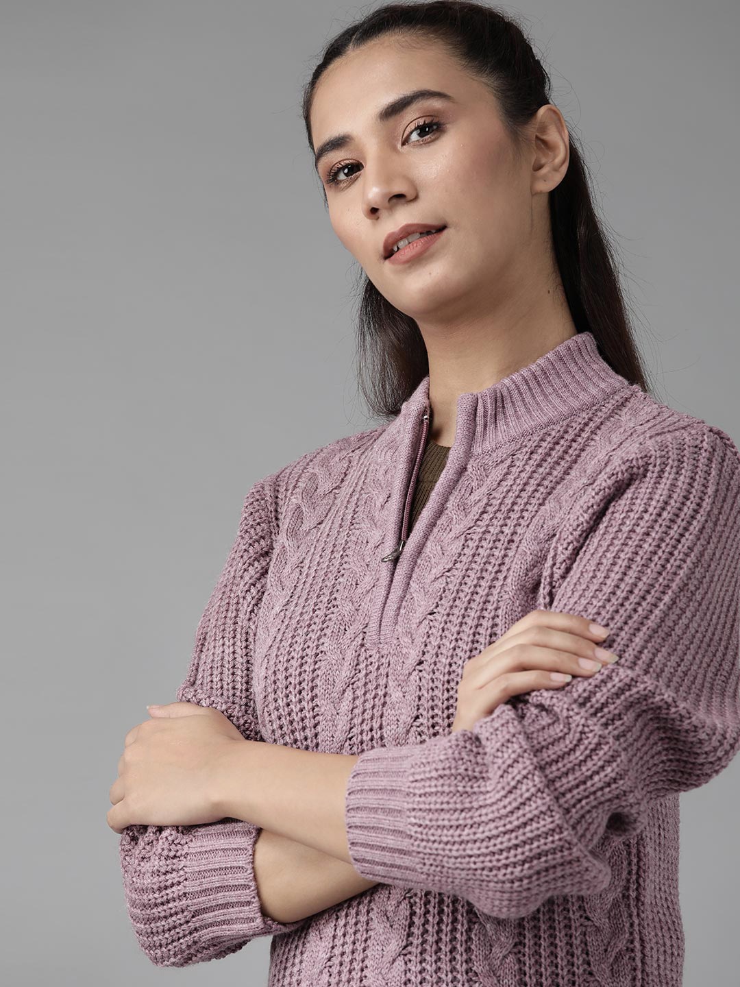 

Roadster Women Mauve Cable Knit Pullover Sweater