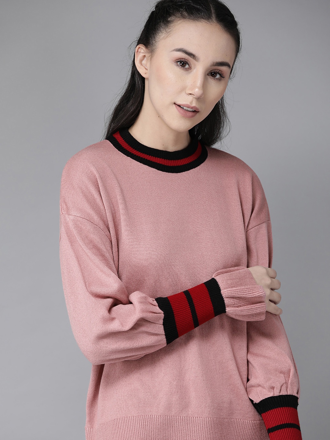 

Roadster Women Dusty Pink Solid Bell Sleeves Acrylic Pullover