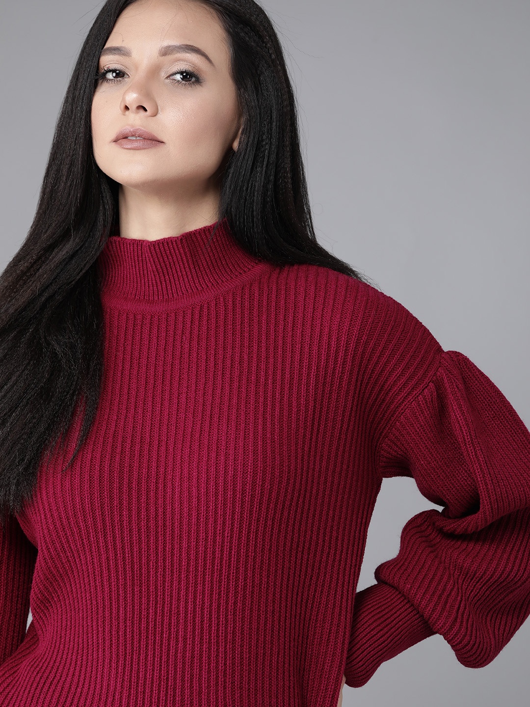 

Roadster Women Maroon Self Striped Pullover