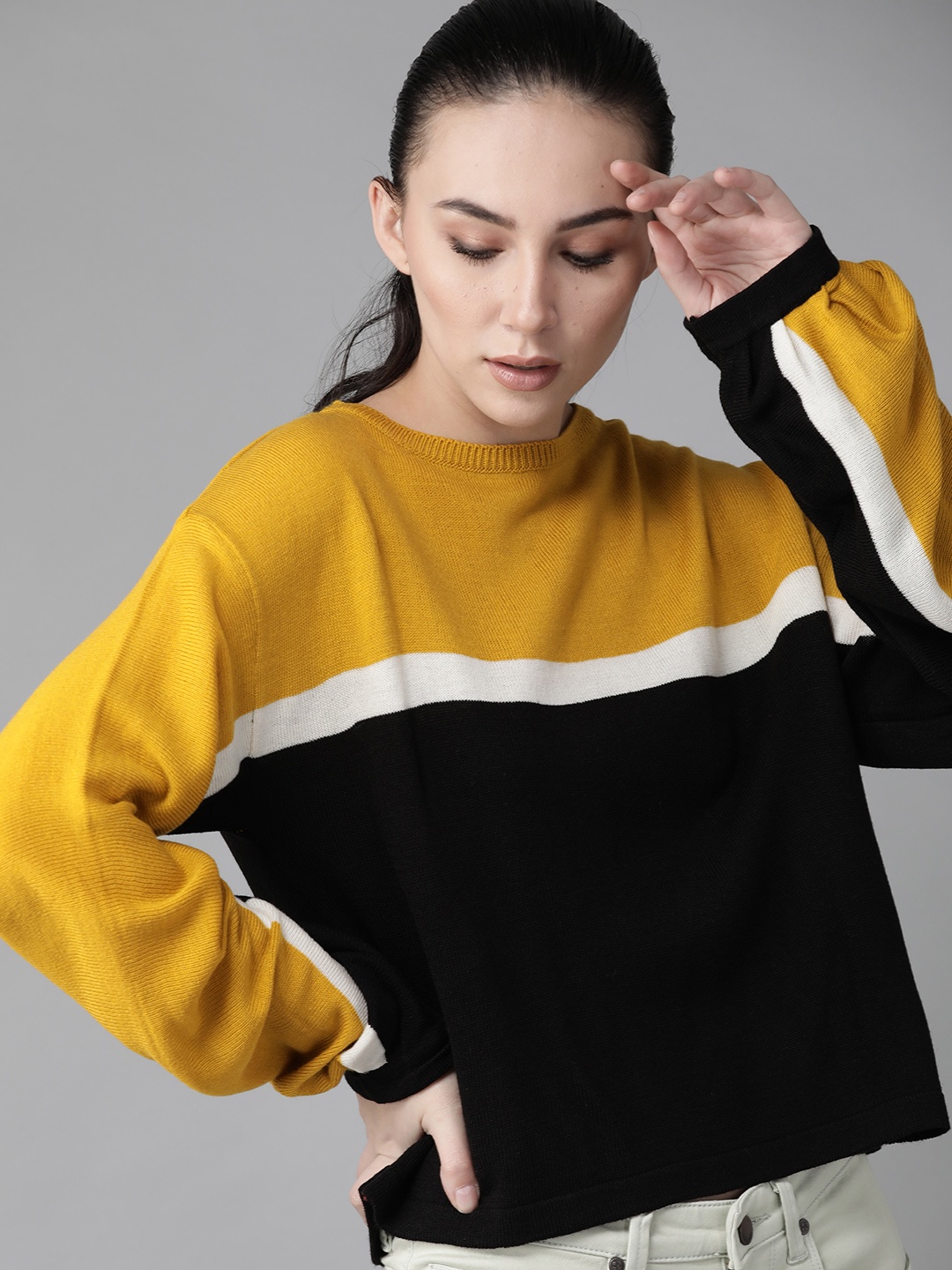 

Roadster Women Mustard Yellow & Black Colourblocked Pullover Sweater