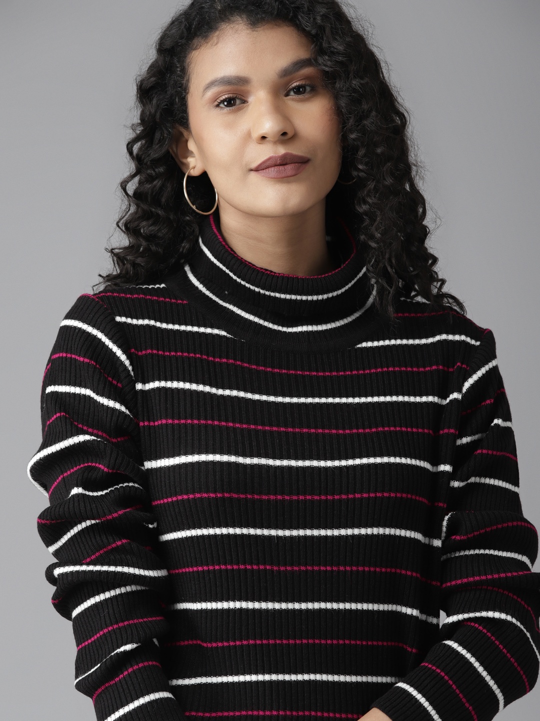 

Roadster Women Black & White Striped Pullover Sweater