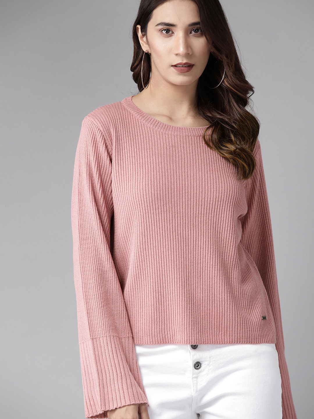 

Roadster Women Pink Ribbed Pullover Sweater
