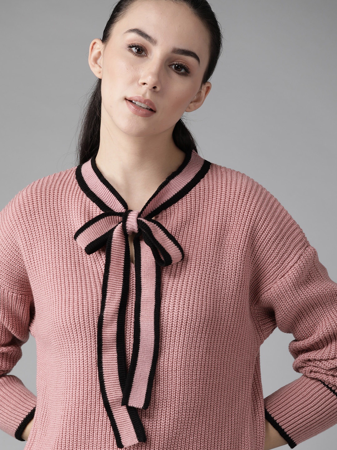 

Roadster Women Pink Self Design Pullover Sweater