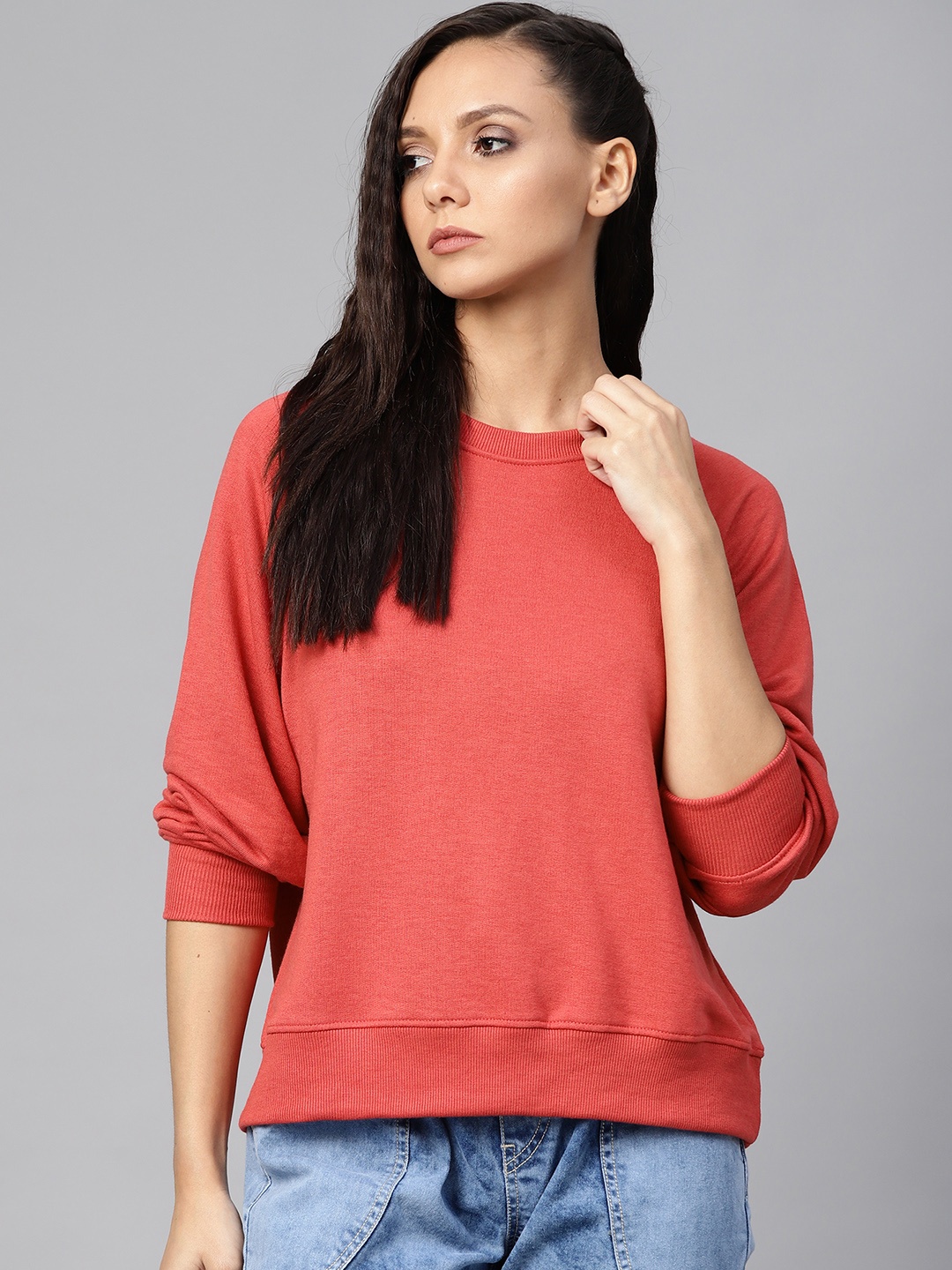 

Roadster Women Coral Red Solid Sweatshirt