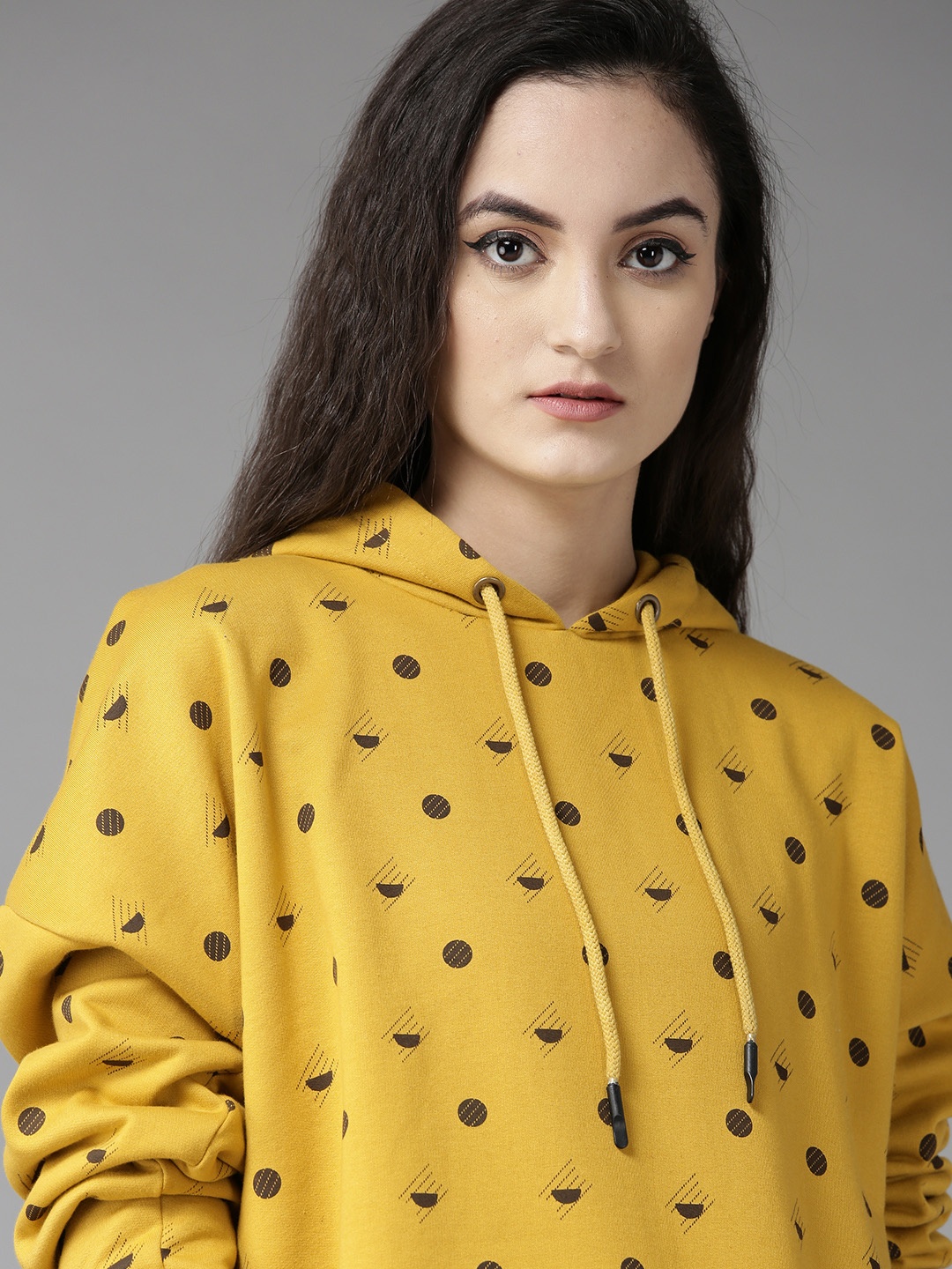 

Roadster Women Mustard Yellow & Coffee Brown Printed Hooded Sweatshirt