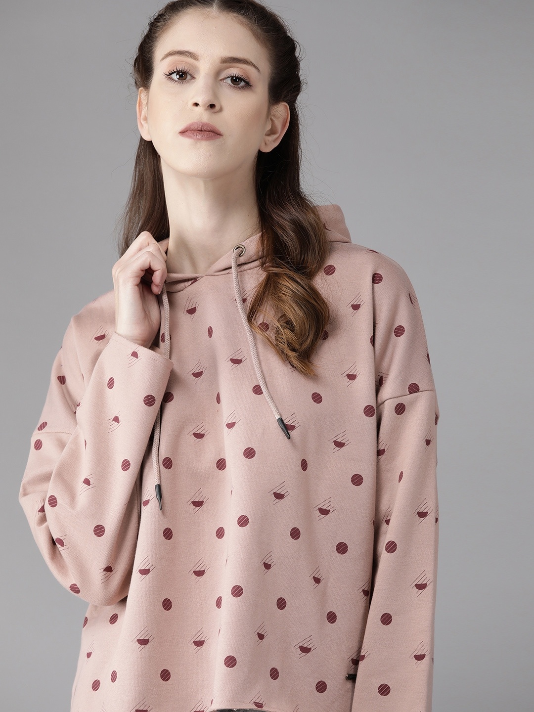 

Roadster Women Dusty Pink & Burgundy Polka Dot Print Hooded Sweatshirt