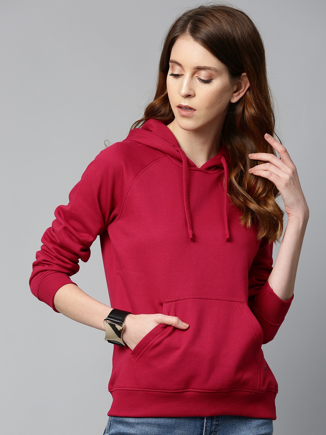 

Roadster Women Red Solid Hooded Sweatshirt