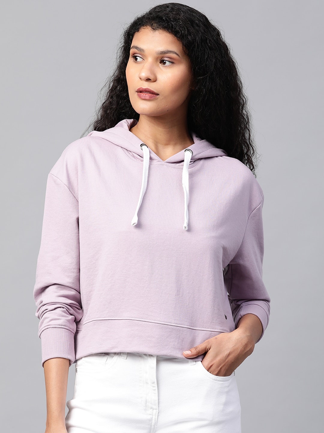 

Roadster Women Lavender Solid Boxy Hooded Sweatshirt