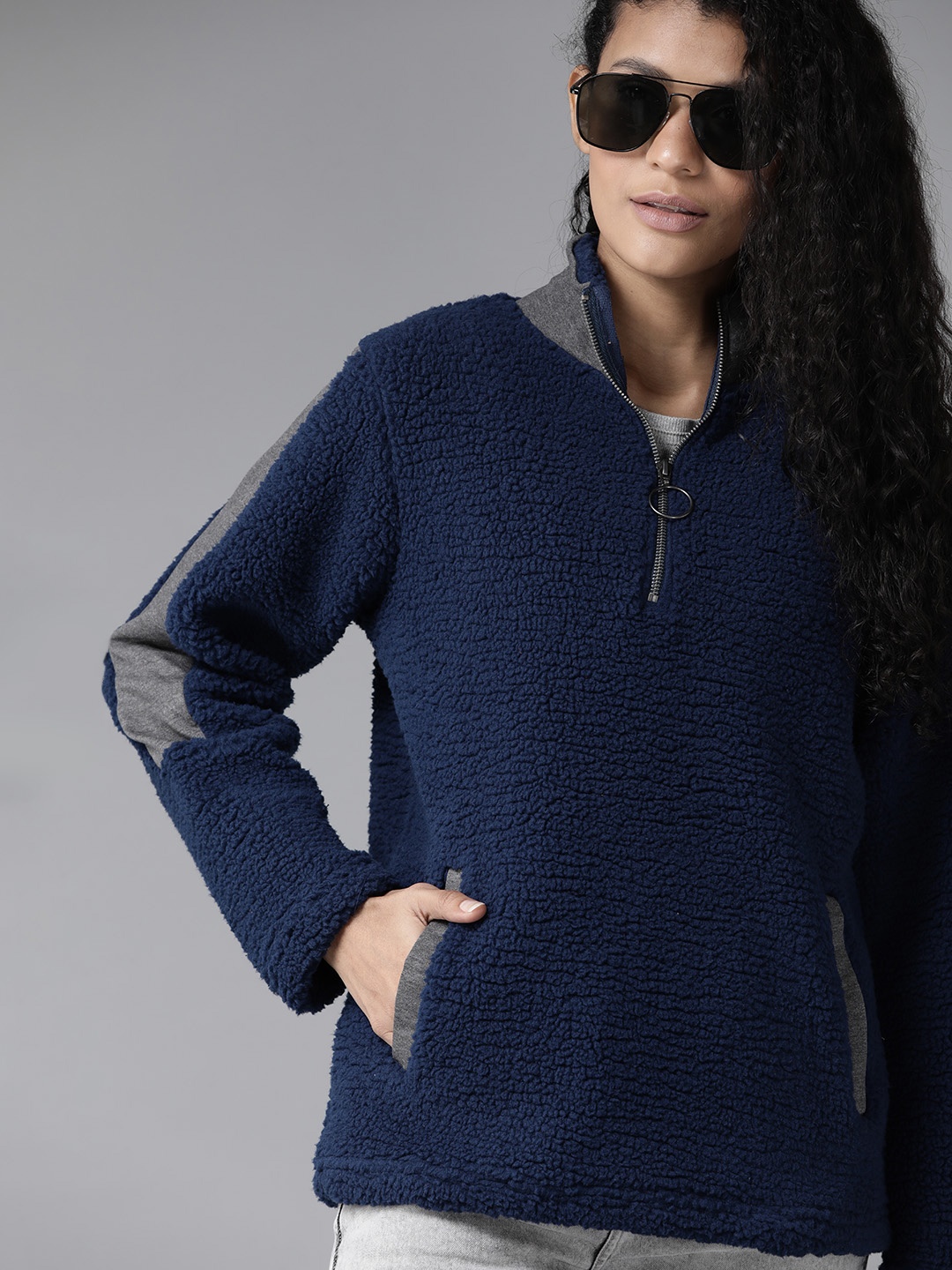 

Roadster Women Navy Blue Sherpa Faux Fur Solid Sweatshirt
