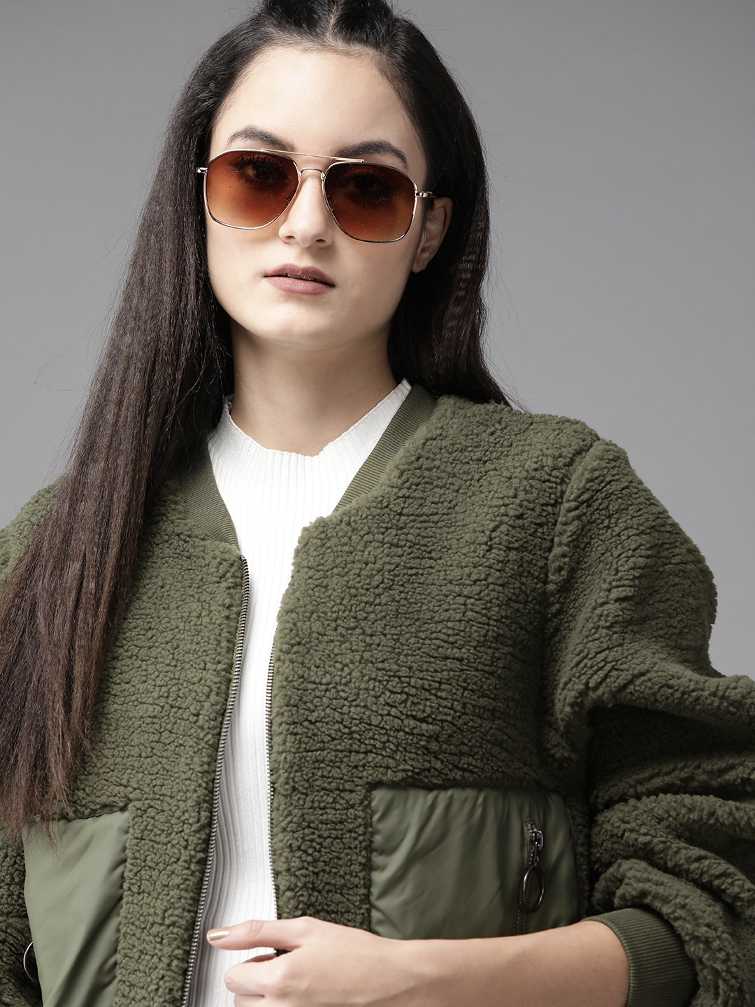 

Roadster Women Olive Green Sherpa Sweatshirt