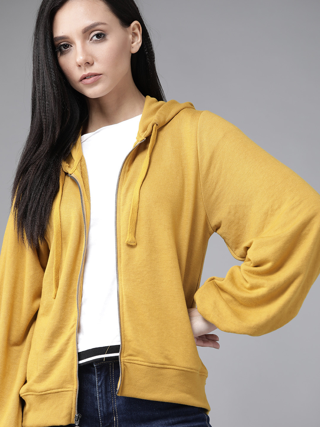 

Roadster Women Mustard Yellow Solid Hooded Sweatshirt