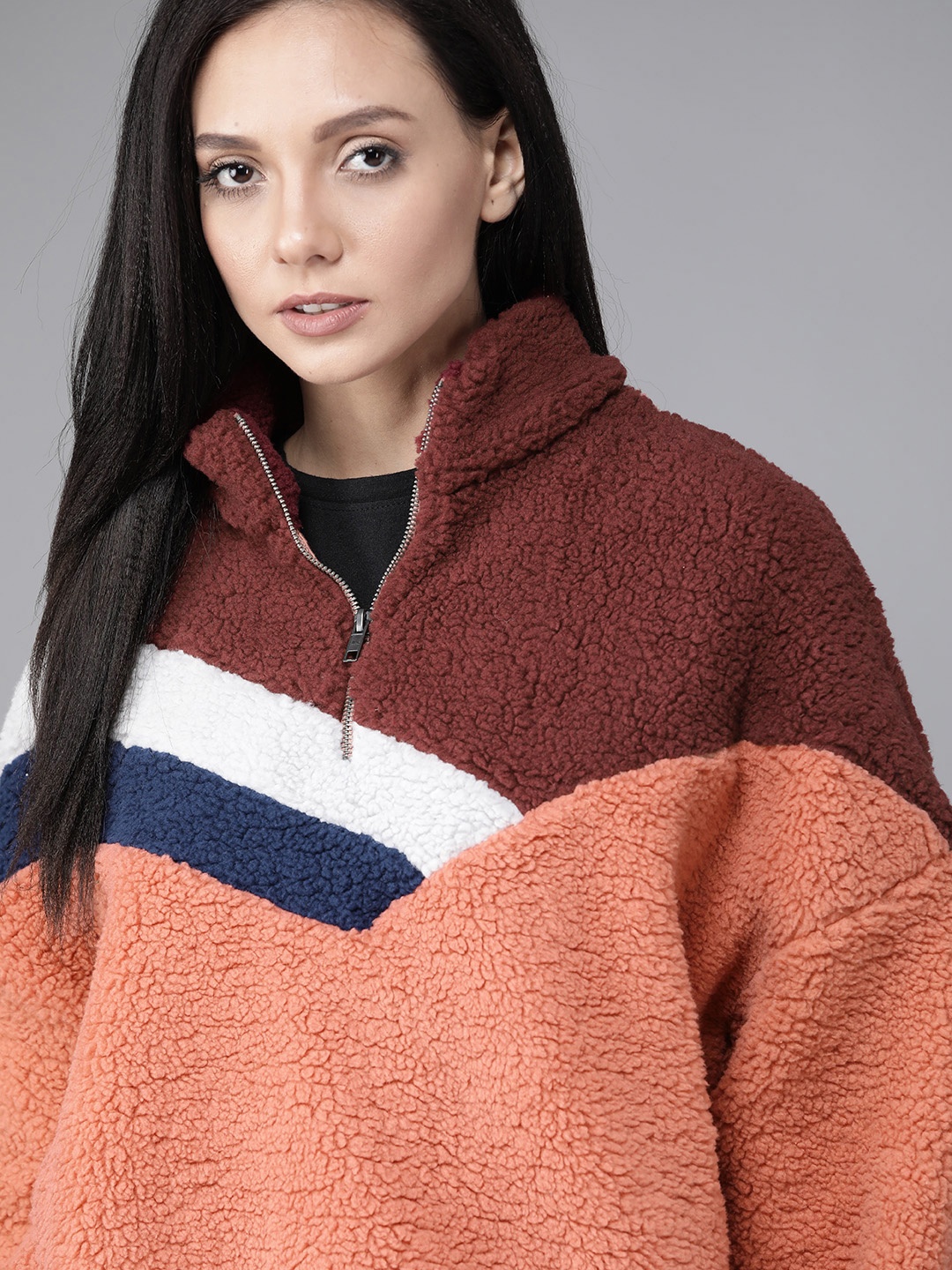 

Roadster Women Pink & Maroon Colourblocked Sherpa Sweatshirt