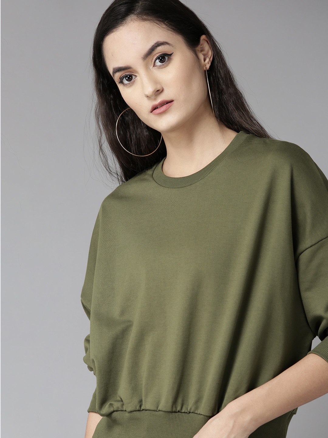 

Roadster Women Olive Green Solid Sweatshirt