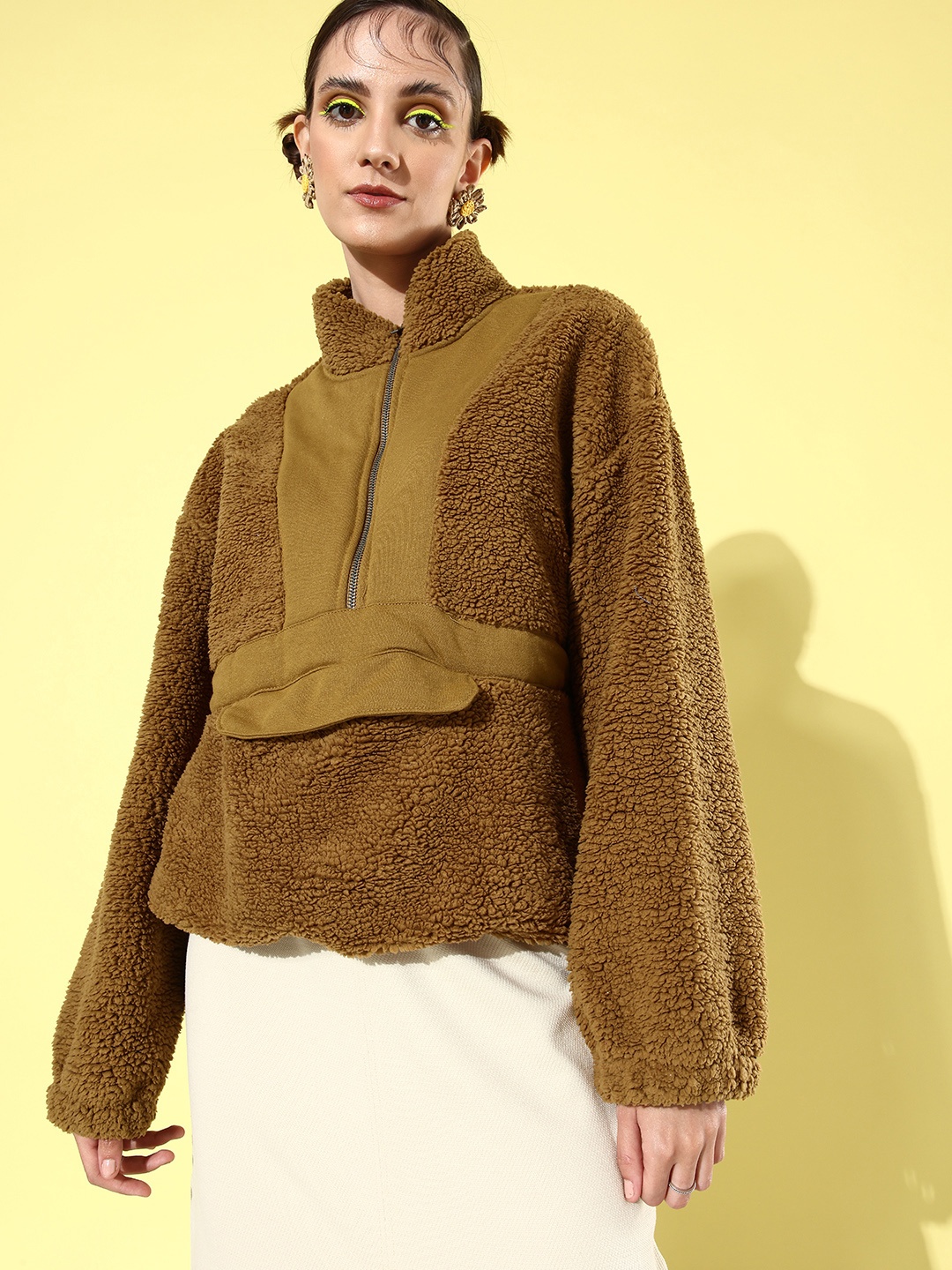 

The Roadster Life Co. Women Brown Solid Mock Collar Sweatshirt