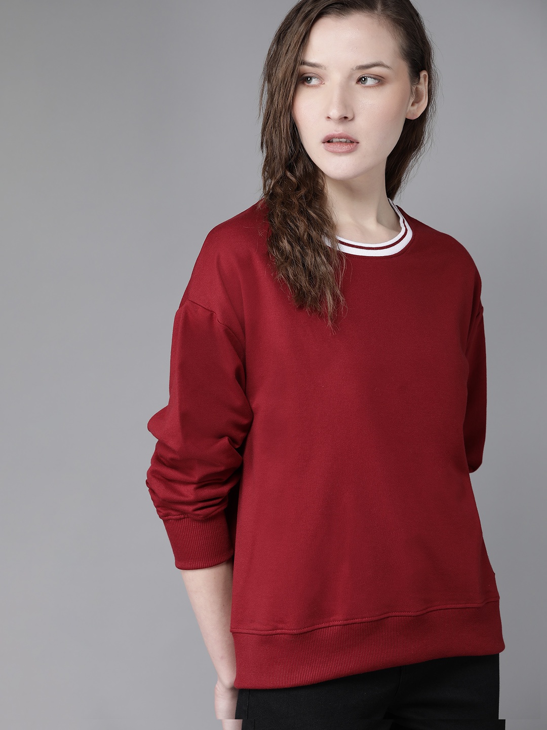 

Roadster Women Maroon Boxy Solid Sweatshirt