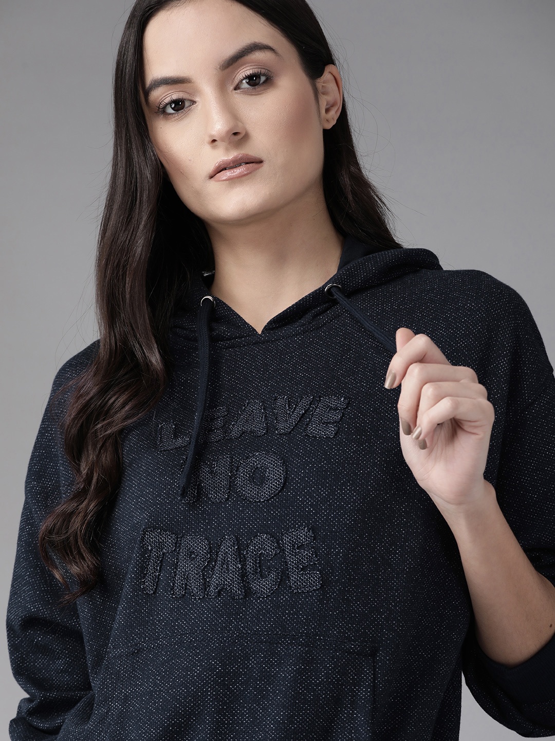 

Roadster Women Navy Blue Self-Design Hooded Sweatshirt