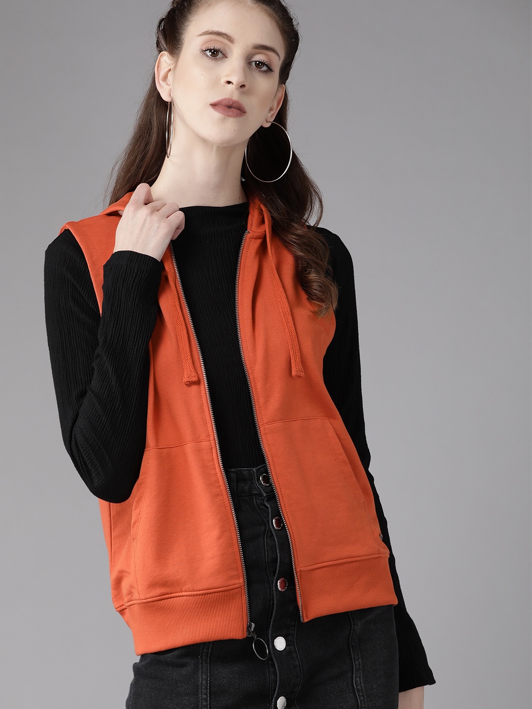 

Roadster Women Rust Orange Solid Hooded Sweatshirt