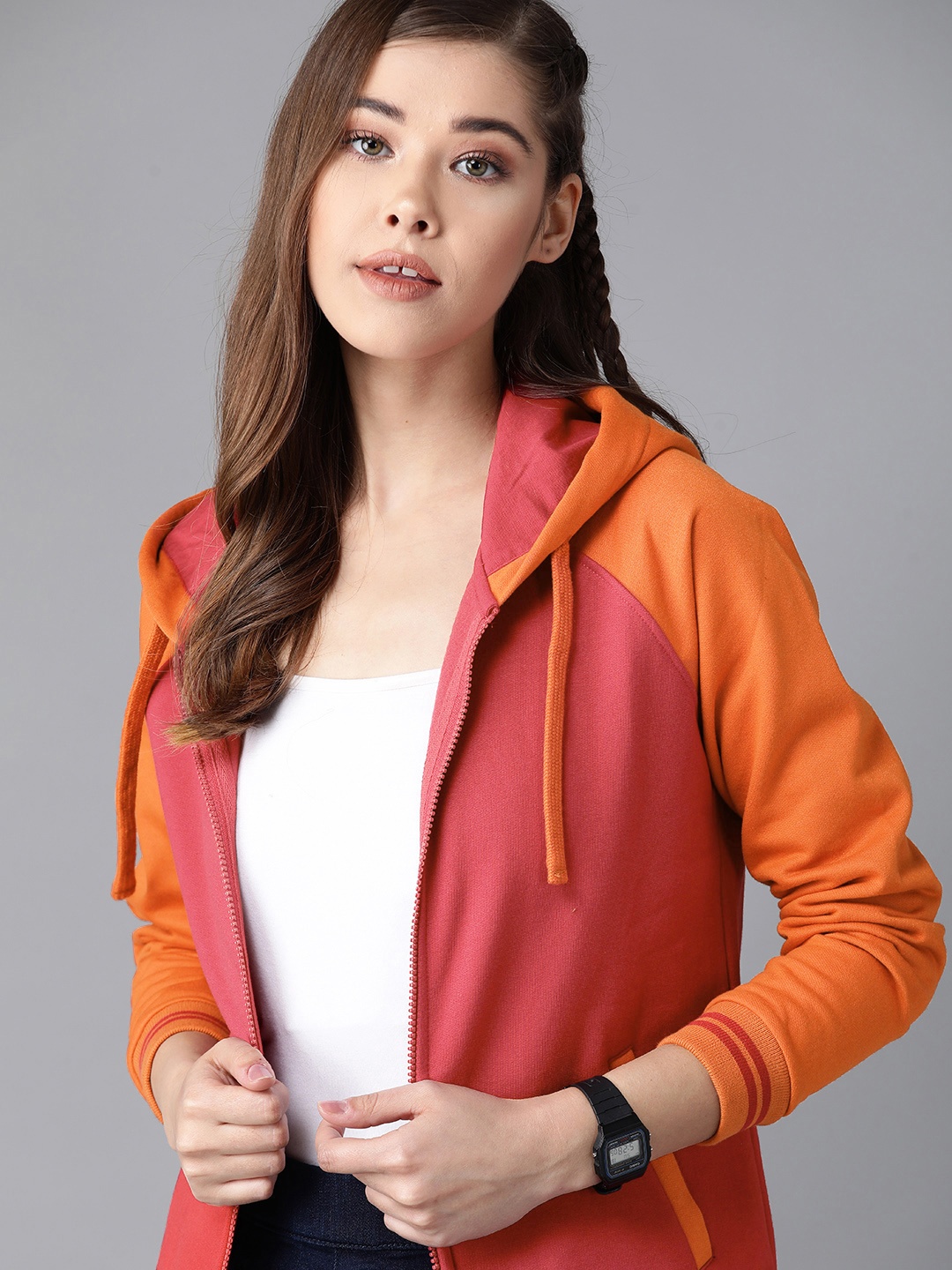 

Roadster Women Pink & Orange Solid Hooded Sweatshirt