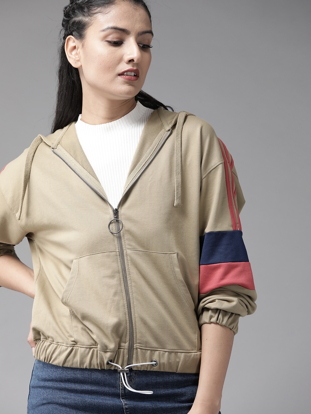 

Roadster Women Beige Solid Hooded Sweatshirt
