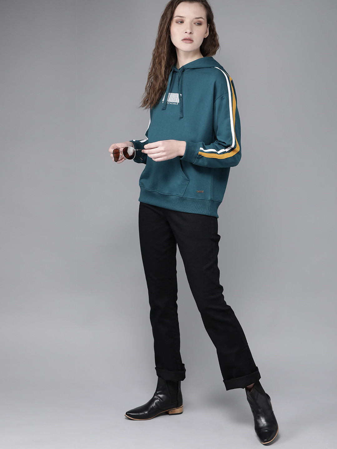 

Roadster Women Teal Blue Printed Detail Hooded Sweatshirt