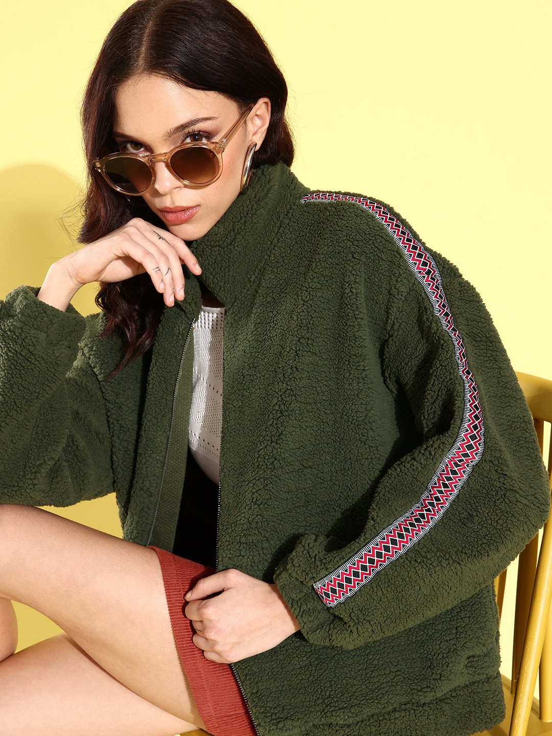 

Roadster Women Olive Green Solid Sherpa Sweatshirt