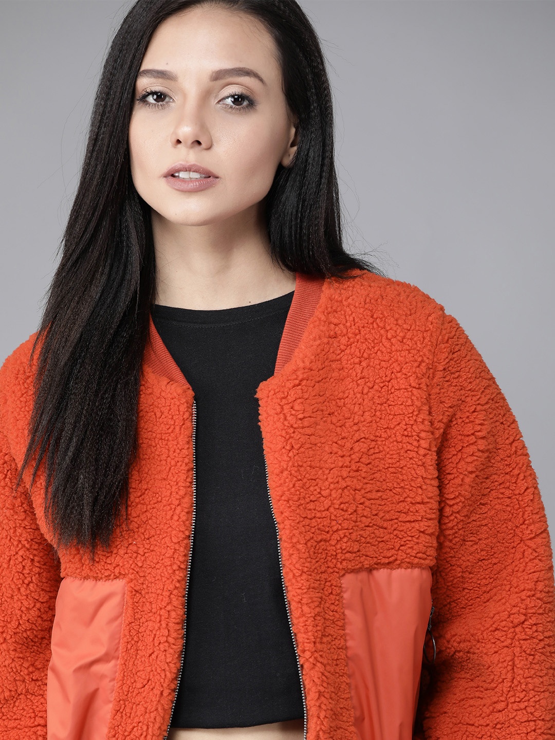 

Roadster Women Orange Sherpa Bomber Jacket