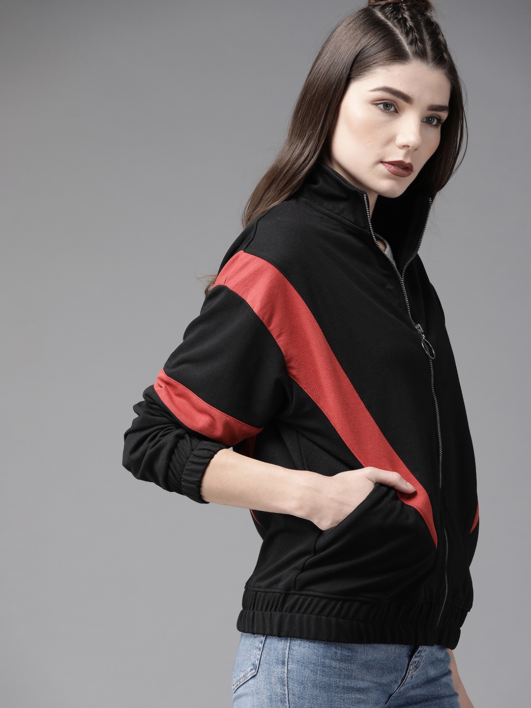 

Roadster Women Black & Red Colourblocked Sweatshirt