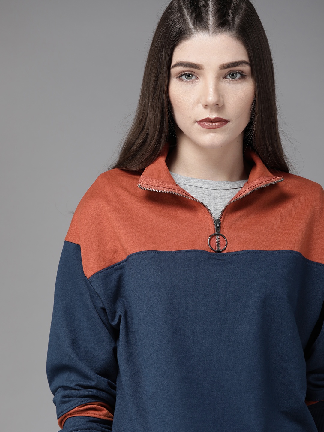 

Roadster Women Blue & Orange Colourblocked Sweatshirt