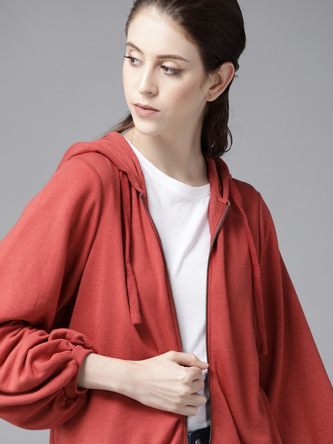 

Roadster Women Rust Red Solid Puff Sleeved Hooded Sweatshirt