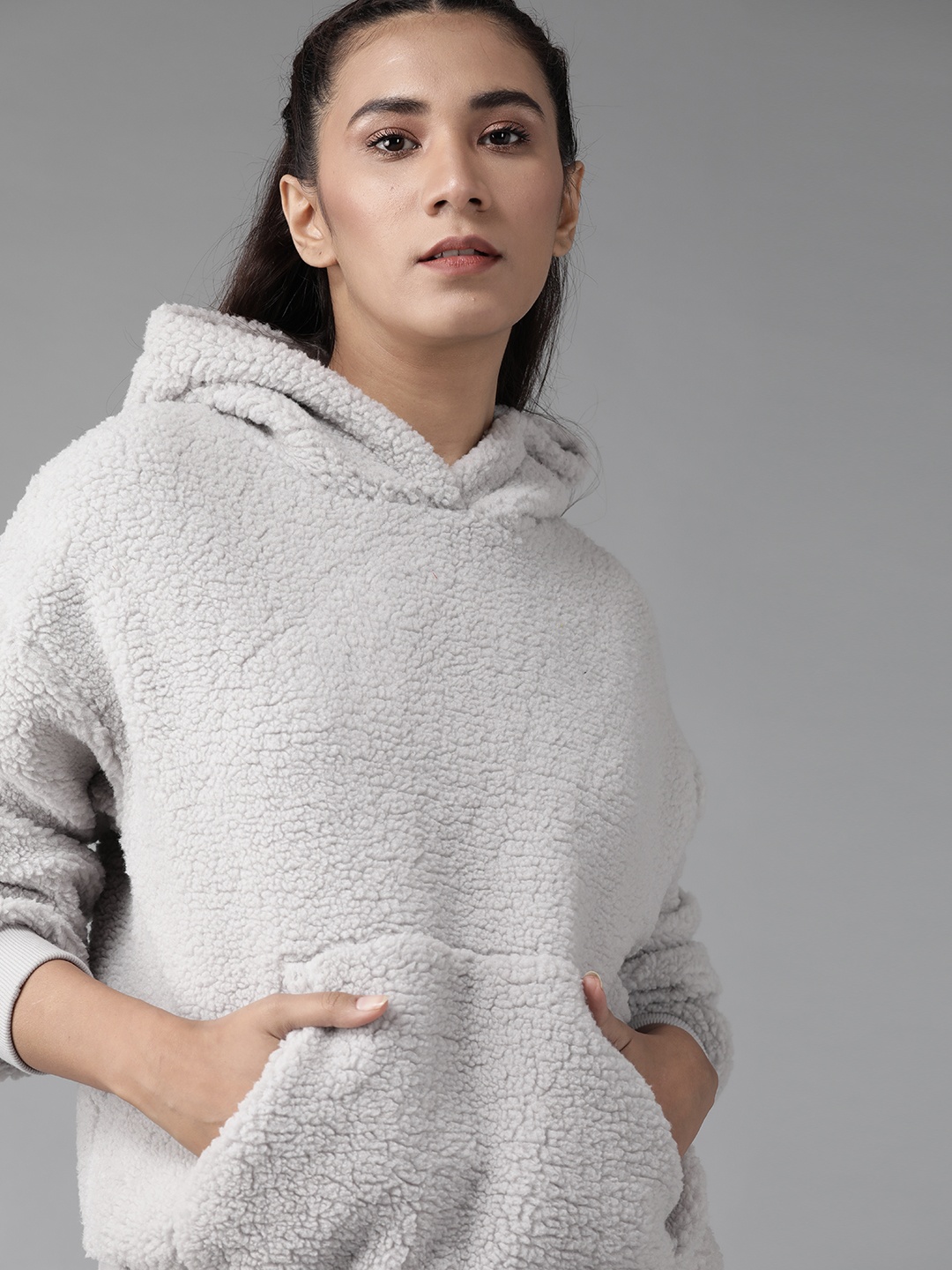 

Roadster Women Grey Solid Sherpa Hooded Sweatshirt