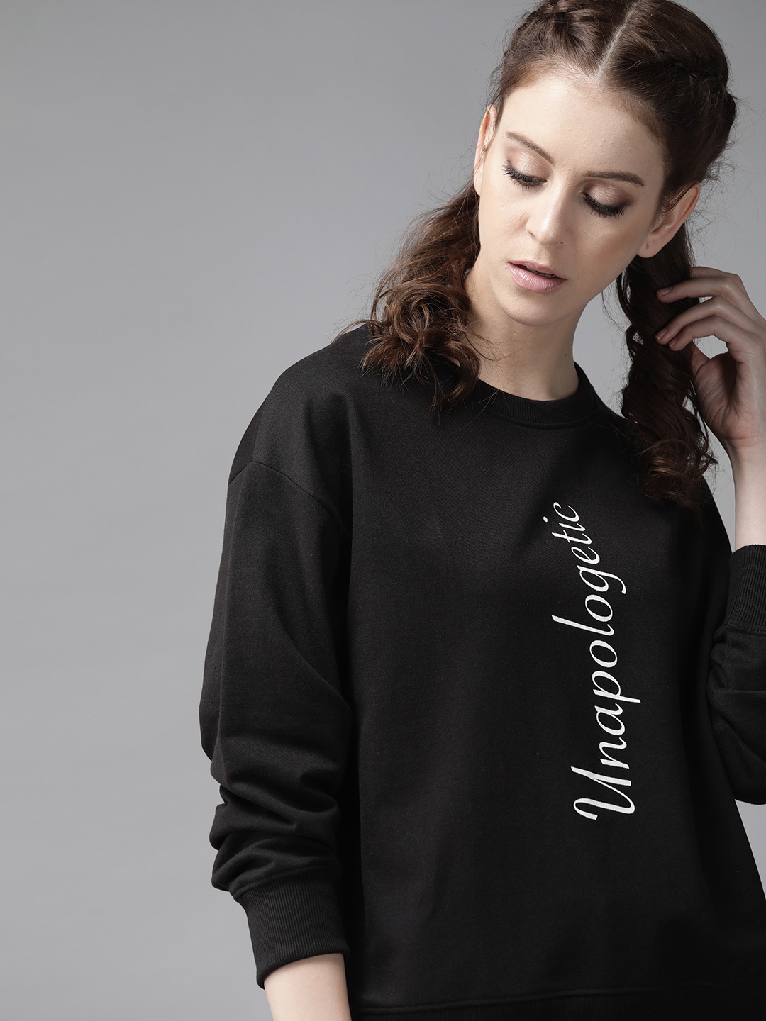

Roadster Women Black Solid Sweatshirt With Printed Detail