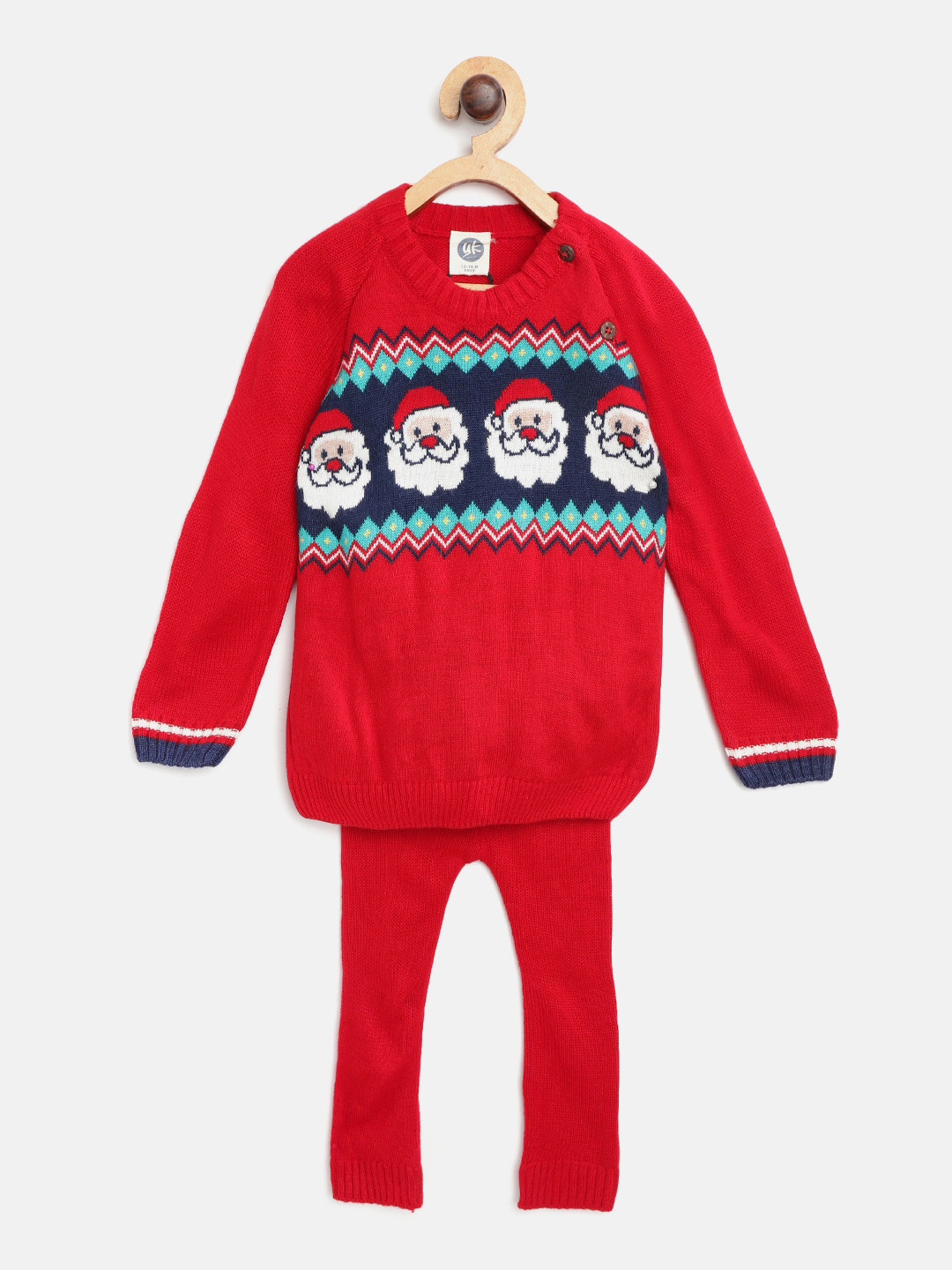 

YK Unisex Boys Red & Navy Blue Winter Santa Claus Woven Design T-shirt with Solid Pyjamas