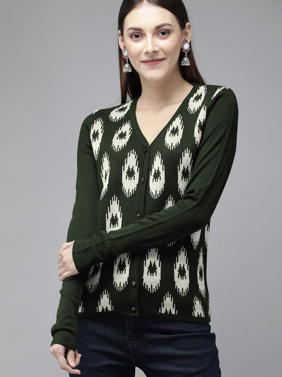 

Anouk Women Olive Green & Off-White Printed Cardigan Sweater